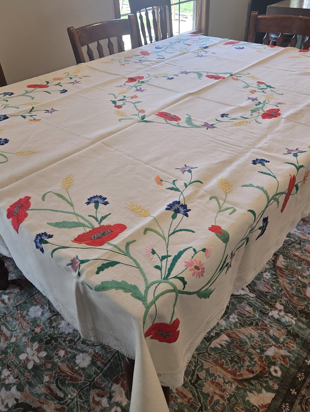 Vtg Hand Embroidered Crewel Floral Colorful Tablecloth 64×86 Poppy Hemstitched